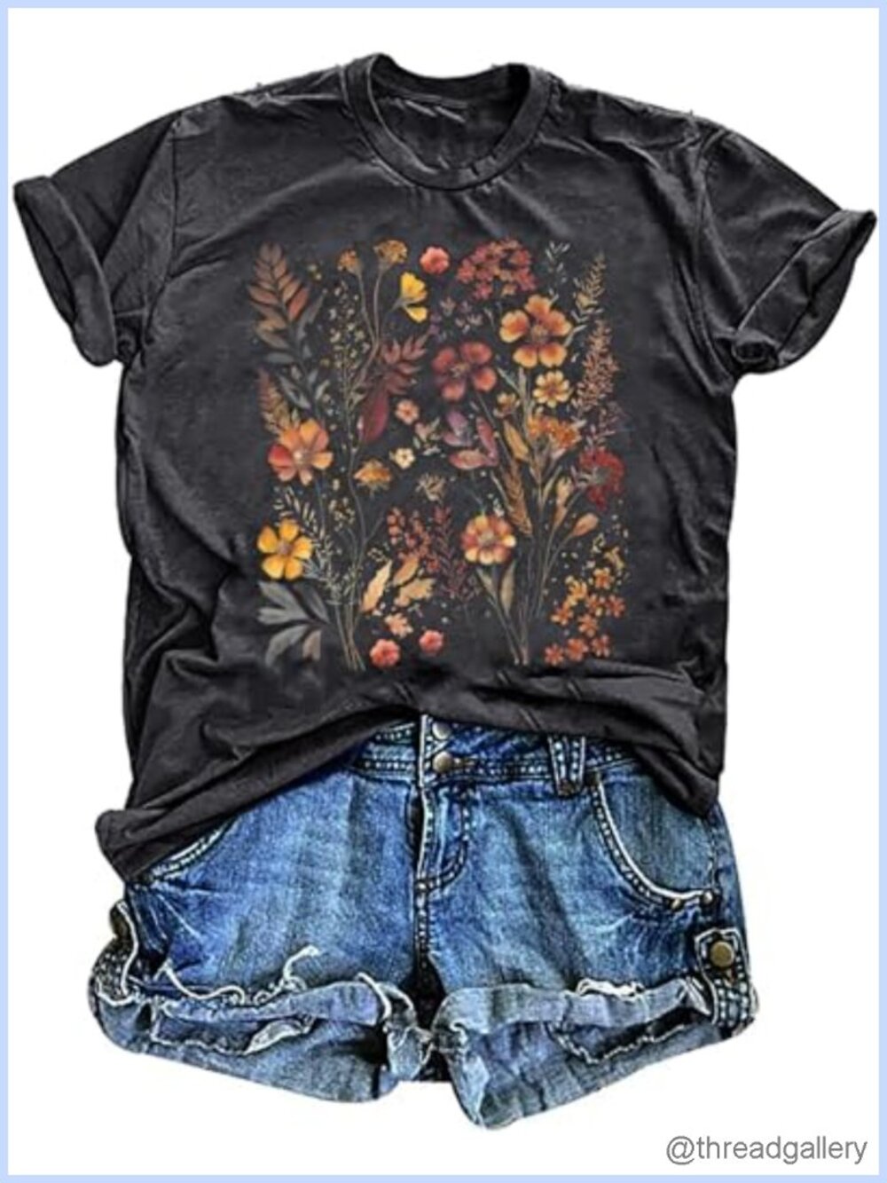 Women's Vintage Floral Graphic T-Shirt Boho Wildflower Loose Short Sleeve